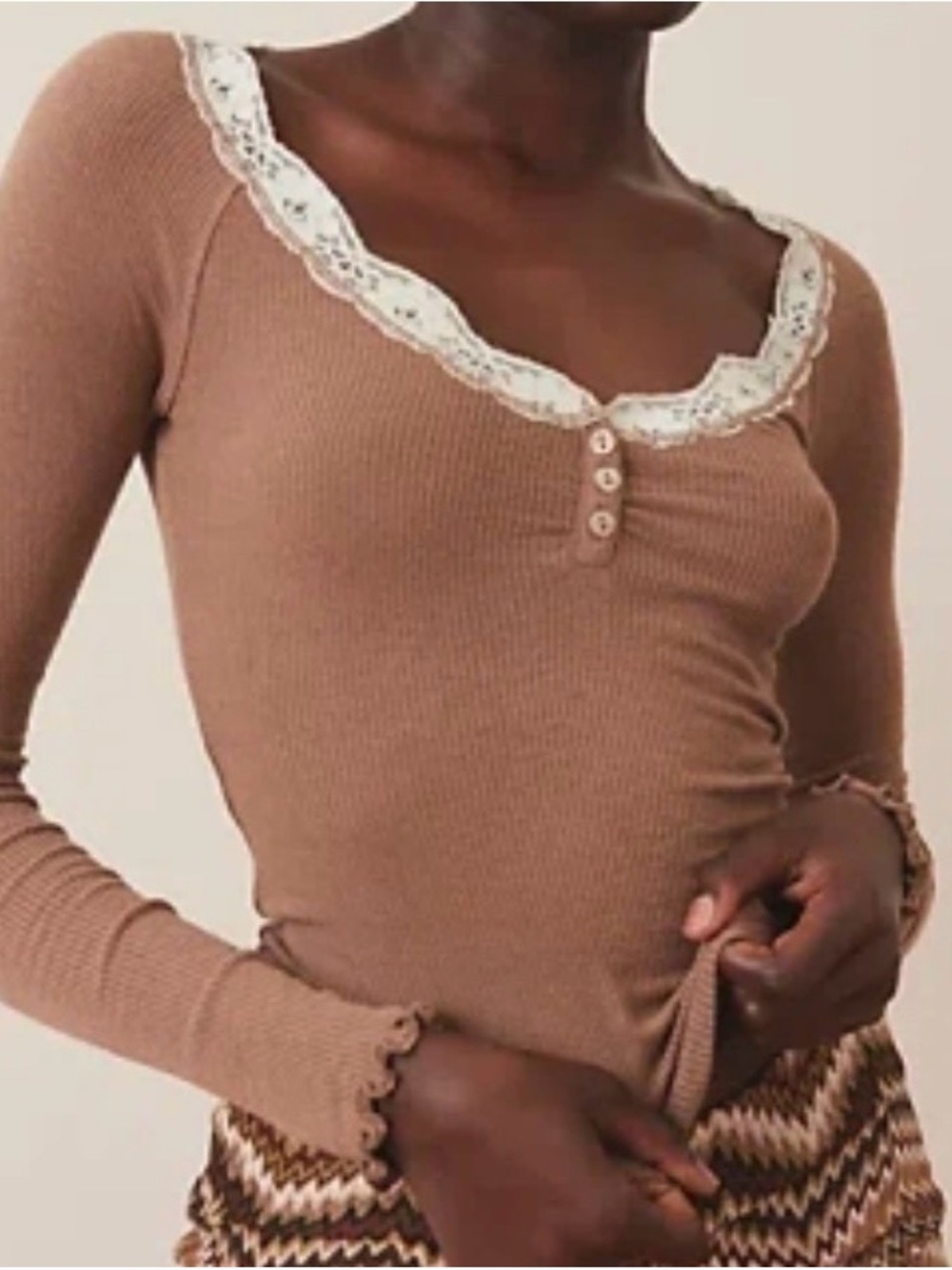Urban Outfitters Ribbed Lace-Trim Henley Top - Camel